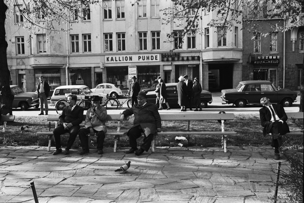 Karhupuisto. Agricolankatu. Mies nuokkumassa penkin päässä ja muita ihmisiä istumassa penkillä Karhupuiston laidalla puistotapahtuman aikaan.