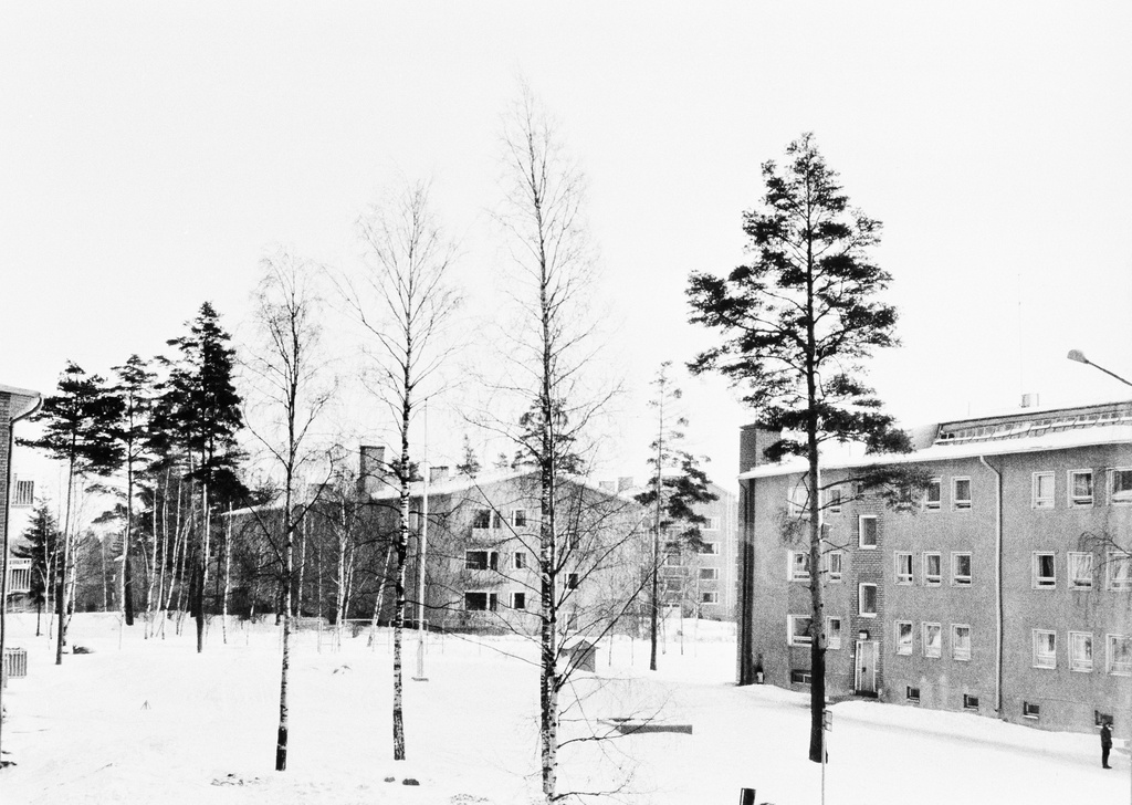 Näkymä Roihuvuorentie 10 ikkunasta. Ikkunasta näkyvät Keijukaistenpolun ja Roihuvuorentien kulman talot.