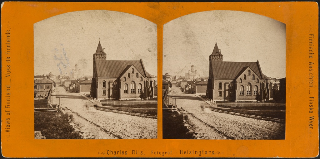 Saksalainen kirkko, Unioninkatu 1 - Bernhardinkatu 2 (=4), arkkitehdit Harald Bosse ja C. J. von Heideken, valmistunut v. 1864.
