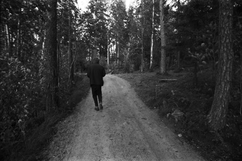 Uutela. Mies kävelemässä metsätiellä Vuosaaressa, todennäköisesti Uutelassa.