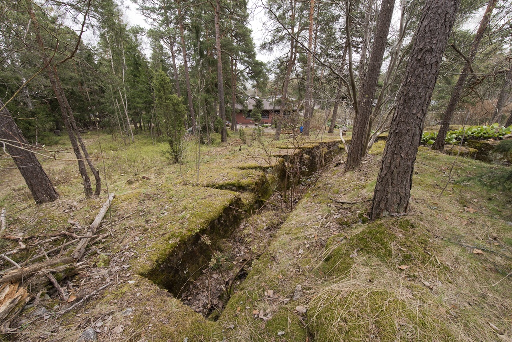 Ruukinranta. Ensimmäisen maailmansodan aikainen maalinnoitus, puolustusasema XXXVI:2 Ruukinrannassa, Espoossa. Kuvassa on aseman eteläosassa sijaitseva kaareva, kallioon louhittu kivääriasema, jossa on ampuma-aukkoja yhdeksälle kiväärimiehelle. Seiniä on tuettu betonilla. Matalat ampuma-aukot lähtevät säteittäin hautamaisesta asemasta. Rakenteen päällä kasvaa sammalta. Oikealla, aseman ja haudan välisen sisäänkäynnin molemmille puolille on istutettu vuorenkilpeä. Istutusten välissä näkyy lisää hautaa. Rakenteen pohjalla on vesakkoa. Asema sijaitsee yksityisen omakotitalon pihamaalla. Kuvaussuuntana etelä-kaakko.