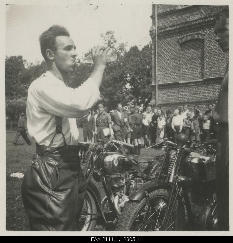 Oskar Veldemann (also Veldeman), an Estonian motorcycle athlete started before the first race in Pärnu, photo