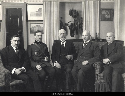 War of Liberty. Members of the delegation of the Republic of Estonia to the Tartu Peace Conference. From the left: Assistance of the Foreign Minister Ants Piip, Chief of Staff of the Army Chief General Major Jaan Soots, Head of Delegation, Minister of Foreign Affairs Jaan Poska, Assistance of the House Julius Seljamaa, Member of the House of Inhabitants Mait Püümann (Pyymets).  similar photo