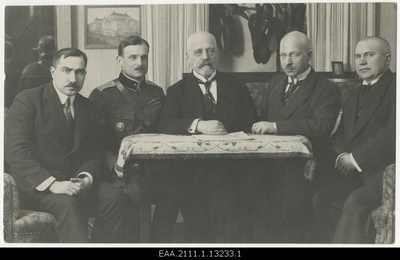 Members of the delegation of the Republic of Estonia to the Tartu Peace Conference. From the left: Assistance of the Foreign Minister Ants Piip, Chief of Staff of the Army Chief General Major Jaan Soots, Head of Delegation, Minister of Foreign Affairs Jaan Poska, Assistance of the Assembly, Julius Seljamaa, Member of the founding assembly Mait Püümann (Pyymets)  duplicate photo