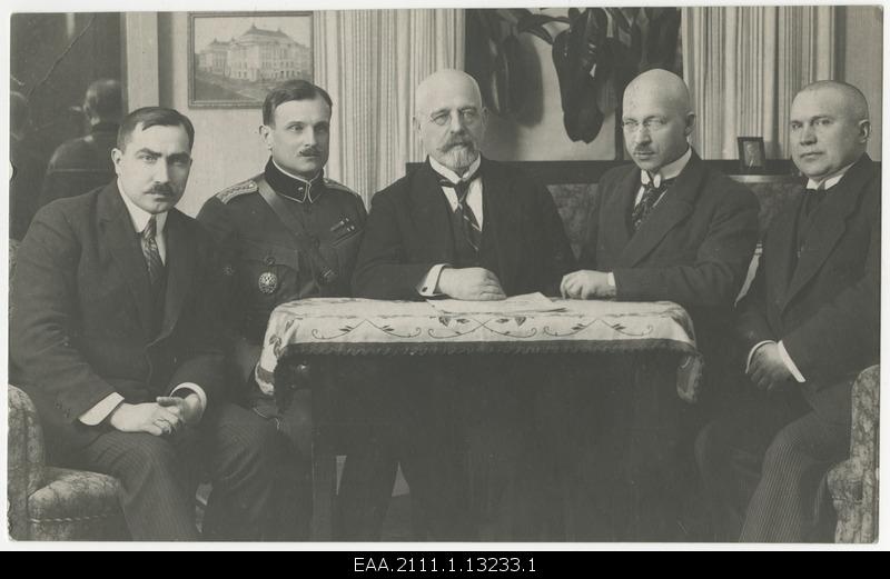 Members of the delegation of the Republic of Estonia to the Tartu Peace Conference. From the left: Assistance of the Foreign Minister Ants Piip, Chief of Staff of the Army Chief General Major Jaan Soots, Head of Delegation, Minister of Foreign Affairs Jaan Poska, Assistance of the Assembly, Julius Seljamaa, Member of the founding assembly Mait Püümann (Pyymets)