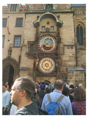 [façade with clock of City Hall. Prague] (Loc) rephoto