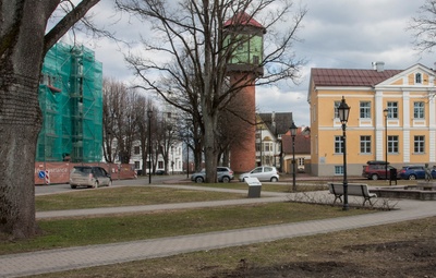 foto, Viljandi, Laidoneri plats, purskkaev, veetorn, 1934, foto T. Parri rephoto