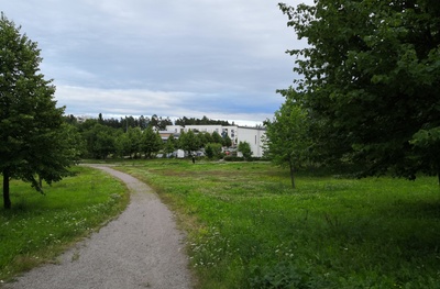 Kurkimäen asuntoalue ja korttelitalo Paukkulanraitilta kuvattuna. rephoto
