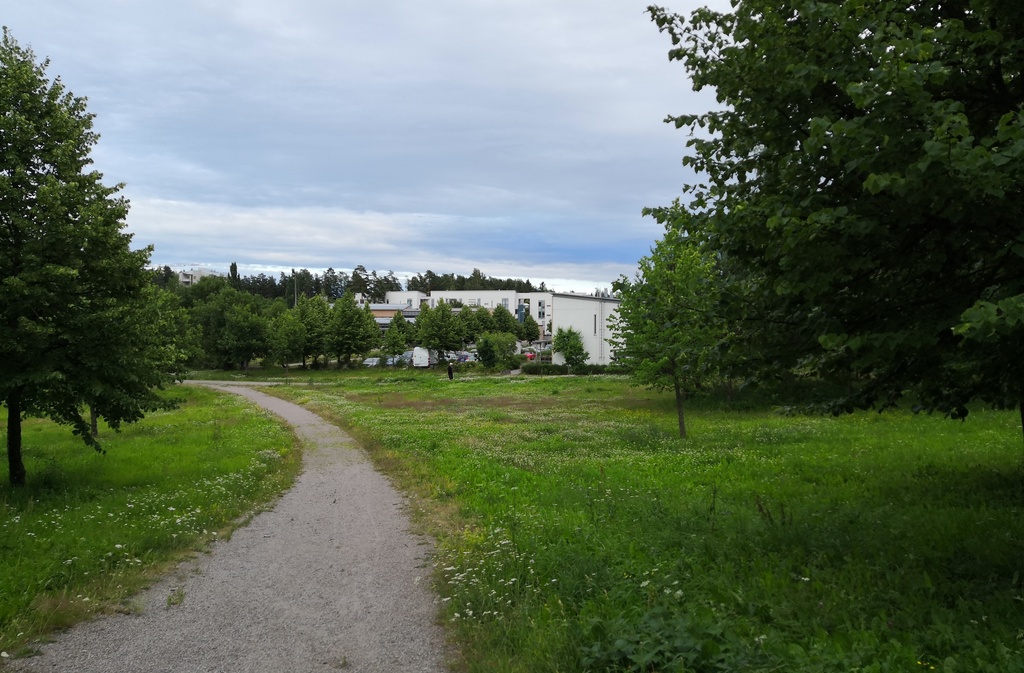 Kurkimäen asuntoalue ja korttelitalo Paukkulanraitilta kuvattuna. rephoto