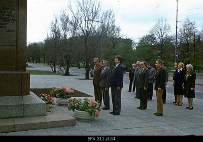 Participants of the Soviet Estonia II film festival V.I. Put flowers on Lenini's fair pillar. Raimund Penu, Chairman of the Estonian National Film Committee, Kaljo Kiisk, First Secretary of the Estonian Cinema Association, and Allan Kullaste, Chairman of the Estonian National Television and Radio Committee.  similar photo