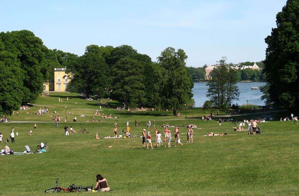 Haga lawn - The lawn in front of the Copper Tents at the Haga Park in Stockholm, Sweden. Part of the Albano campus of Stockholm University can be seen in the background on the other side of Brunnsviken.