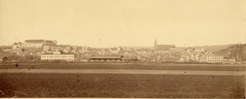 P Sinner - Tübingen from the south with the Hbf before 1875 - Tübingen Main Station locking north.