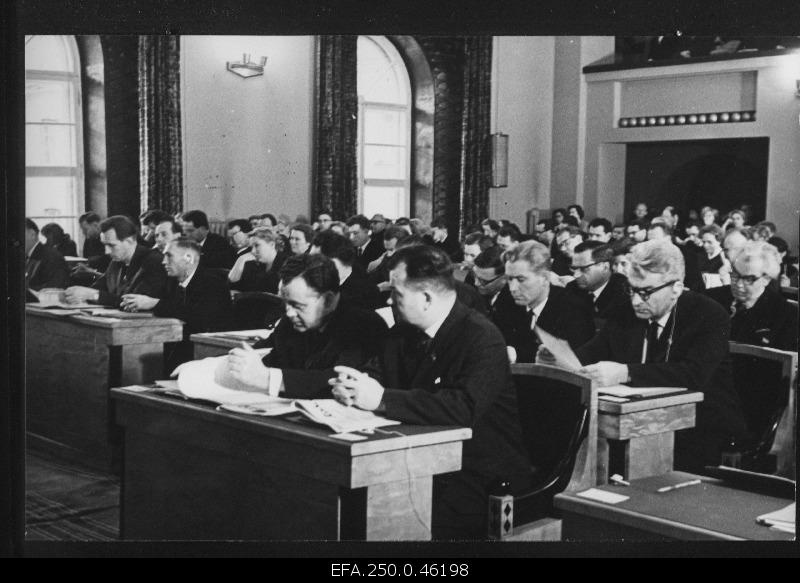 View of the Chamber of Sessions of the Supreme Council of the Estonian Soviet during the seventh session of the Supreme Council of Estonia.