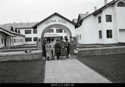 Visit of the Mongolian Women's Delegation to the Estonian Soviet Union, Uhtna School and kindergarten, group photos in front of school  similar photo