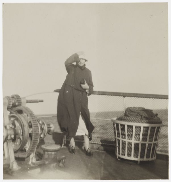 Woman traveling to Suursaare on the ship's deck - capable, black and white, photo area 9 x 8 cm