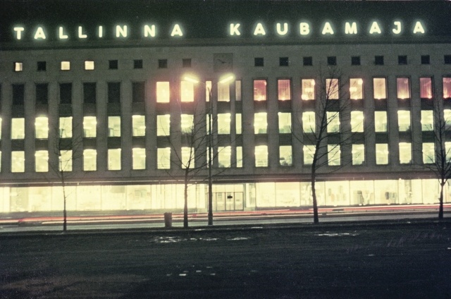 Illuminated in the evening darkness of Tallinna Kaubamaja.