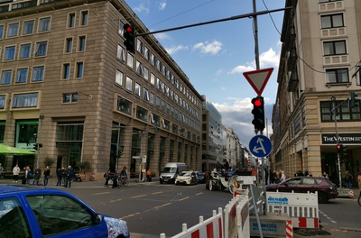 View of Berlin; Unter den Linden, corner of Friedrichstrasse rephoto