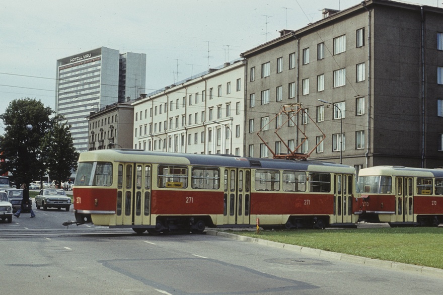 Viru hotel in Tallinn, view along Gonsiori tn-t, in front of the tram. Architects Henno Sepmann, Mart Port