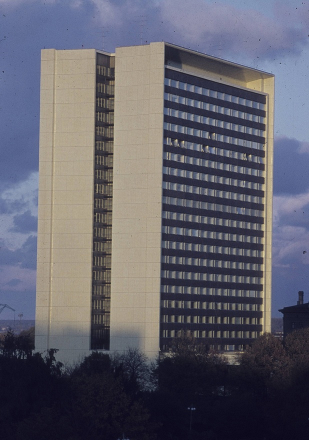 Viru hotel in Tallinn, distance view of Tammsaare Park. Architects Henno Sepmann, Mart Port