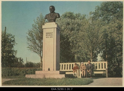 Photo postcard from the monument pillar of poet Ernst Enno. Sculptor Roman Haavamägi  similar photo