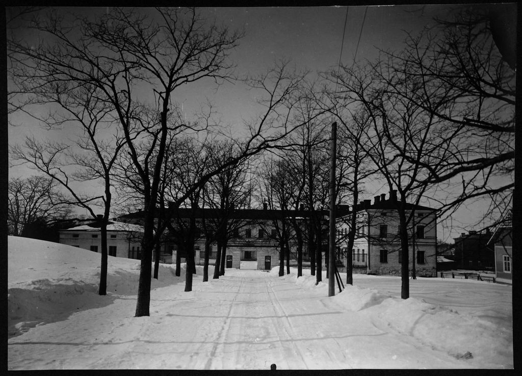 Lapinlahden sairaala. Kuva on otettu sairaalalle johtavalta, puiden reunustamalta tieltä. Maassa on lunta. Kuvan oikeassa laidassa näkyy ns. Omenapuutalo, joka rakennettiin 1913 asuinkäyttöön. N. 1913-1922.