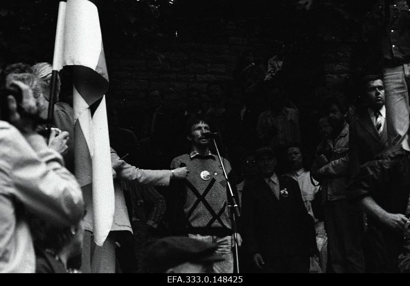 On the 51st anniversary of the Molotov-Ribbentrop Pact, Mati Kiirend, a member of the ERSP speaks at the organised meeting of the Estonian National Independence Party in Hirvepark.