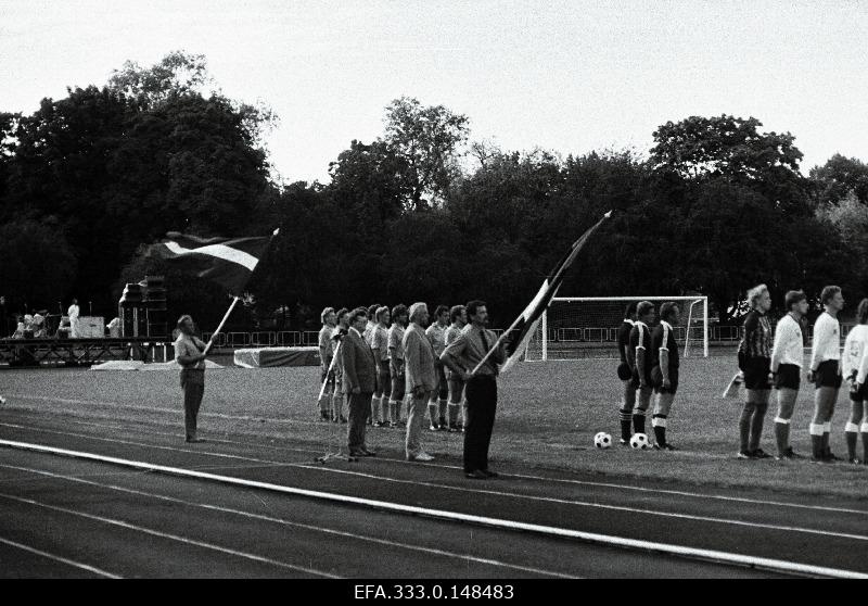 Estonian and Latvian football national teams watch the opening of the 50th anniversary of the first meeting of these teams at the Kadrioru Stadium.