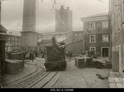 Sindi factory harbour in 1918. (German occupation period, when the factory installation was partly packed for removal in boxes).  duplicate photo