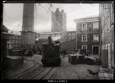 Sindi factory harbour during the German occupation period of 1918, where the plant equipment was partly packed in boxes for withdrawal.  duplicate photo