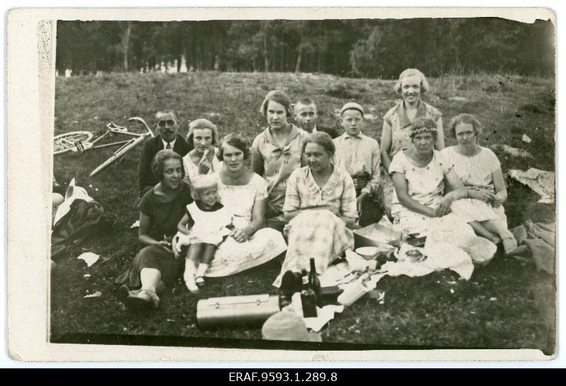 The company holds a picnic on the lagendium. Away the forest looks.