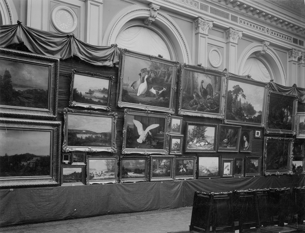 "Finnish Art Society 1846-1896", 50th Anniversary Jubilee Exhibition "Finnish Art Society 1846-1896", 50th Anniversary Jubilee Exhibition in Ateneum, presentation and conference hall, paintings, e.g. By Ferdinand von Wright. "Suomen Art Association 1846-1896", 50th anniversary exhibition in Atheneum, performance and meeting room, paintings such as. Ferdinand von Wright. Original / original: date / timing: 1896 photographer / photographer: Daniel Nyblin, Helsinki techinique / technology: collodion print / collodium vedos type / type: black and white print, cardboard based / black-white, cardboard based measurements / dimensions: 319 mm x 384 mm No. / no. 40012.807 Archive Collections, Finnish National Gallery / Archive Collections, National Gallery