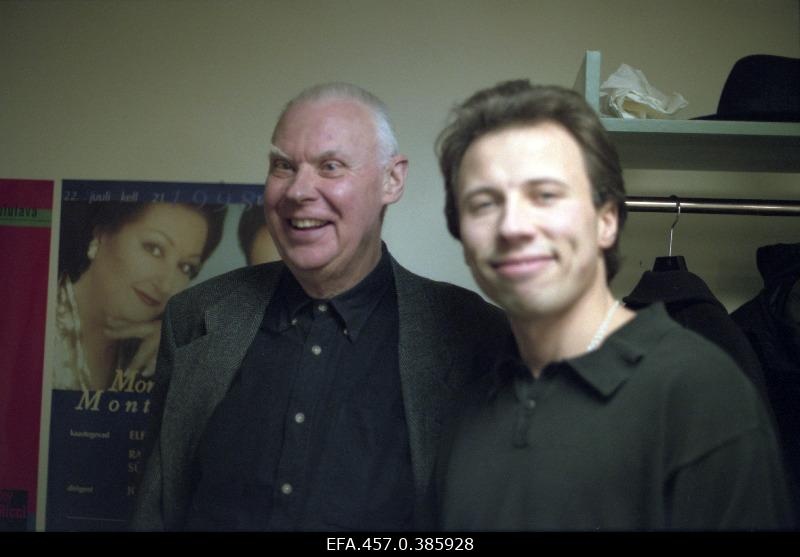 Composer Eino Tamberg and conductor Kristjan Järvi in the garderobe after an orchestra at the Estonian concert hall.