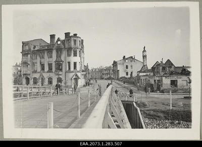 War breaks in Tartu, ruins on Holm Street, view of the temporary wooden bridge  duplicate photo