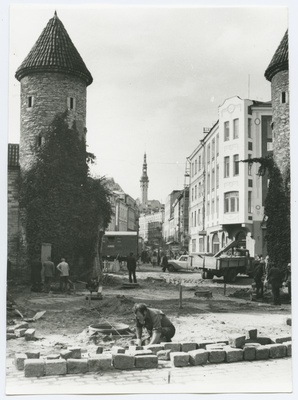 Installation of stones on the road  duplicate photo