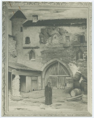 C.Nieländer's land, the Old Viru Gate in 1876, a male figuur at the forefront.  duplicate photo