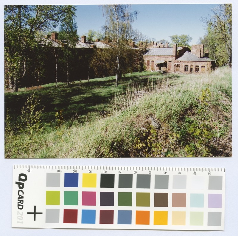 View on the back of the armchair buildings. Colorful.