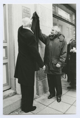 Tallinn. Opening of the Arthur Ströhm memorial plate Long tn. 9 houses. Lennart Meri and Jaak Tamm remove the cover from the memory plate  similar photo