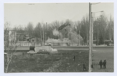 Tallinn. View of the blowing of the water tower. The water tower falls together in the dust cloud  similar photo