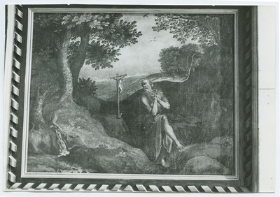 In the desert of Holy Antonius, praying before Christ's crucifixion, in the oil painting on the canvas of the 17th century, in the Church of the Holy Spirit.  duplicate photo