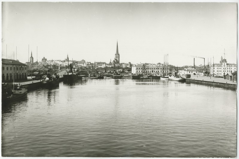 Tallinn harbour, view from the sea, behind the city's siluette.