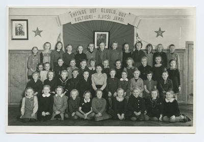 J. Stalin's picture and slogan in the school hall.  duplicate photo