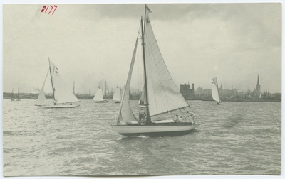 Yachts at sea, in the background of Tallinn harbour and city salon  duplicate photo