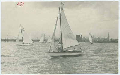 Yachts at sea, in the background of Tallinn harbour and city salon  duplicate photo