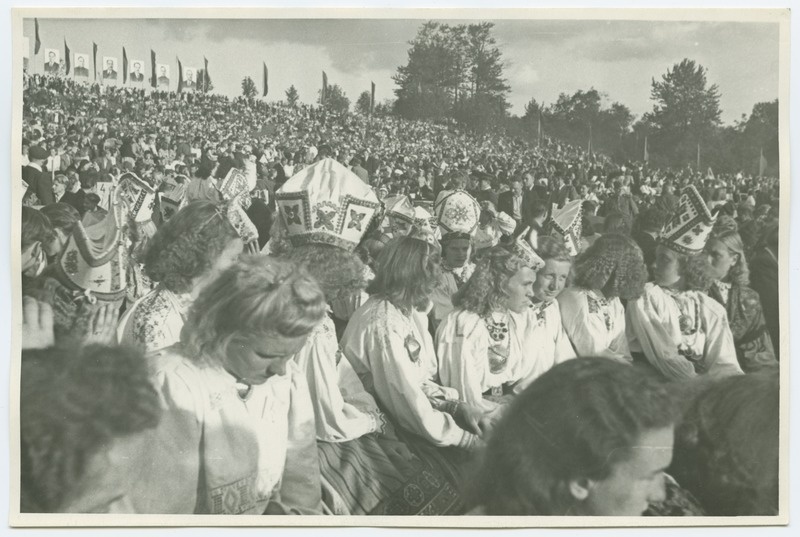 1950 singing festival in Tallinn, view of the song square, celebration in front of the , celebrations in Muhu folk clothes.