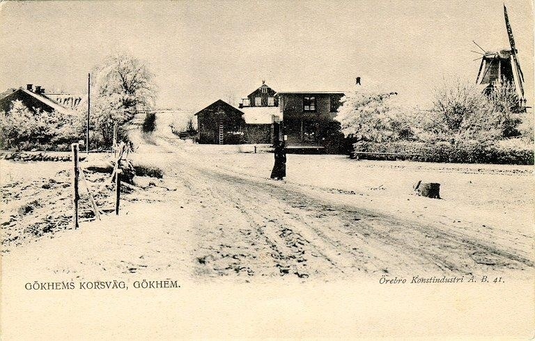 Gökhems Korsväg. Lanthandel och väderkvarn i Gökhem. Väderkvarnen var kvar till omkring 1915. -
