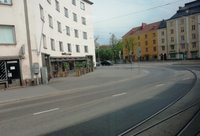 Sturenkatu 26, 27, 29. Sturenkatu 26 in front of the left Pajunen Oy colonisation movement rephoto