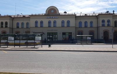 The war in the East. Mitau - The cracked railway station building, Jelgava. Damaged railway station building rephoto
