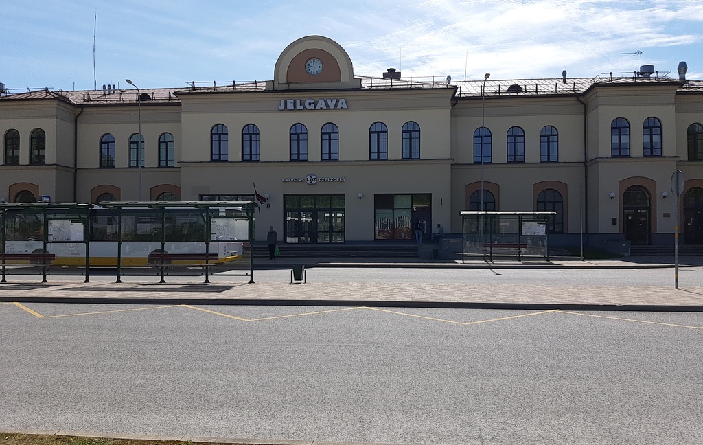 The war in the East. Mitau - The cracked railway station building, Jelgava. Damaged railway station building rephoto