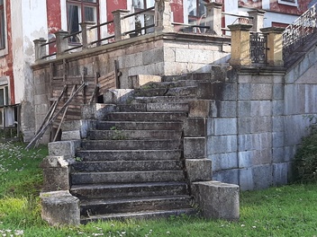 Participants from the summer days of the characters are sitting on the stairs of Ravila Manor rephoto