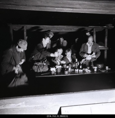 A scene from the film "Metscanners". Robert Gutman, Rudolf Allabert, Juhani in Aarne Üksküla, Tõnu Kark, Kristjan in the role of Enn Klooren  similar photo